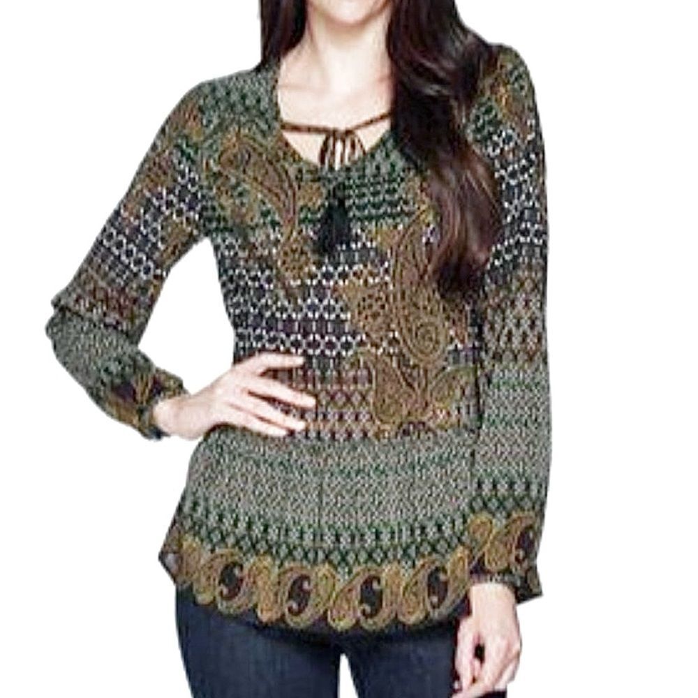 Du Jour Blue Green Paisley Tasseled Long Sleeve Blouse Top M
